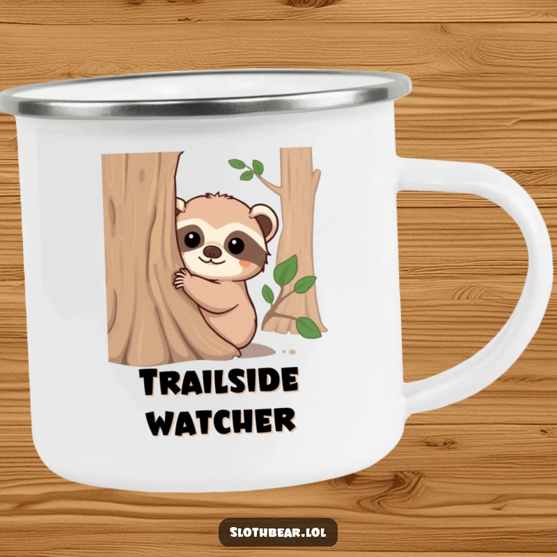 Funny camping mug with a fuzzy-eared sloth bear peeking around a tree trunk, ready for outdoor exploration and morning coffee.