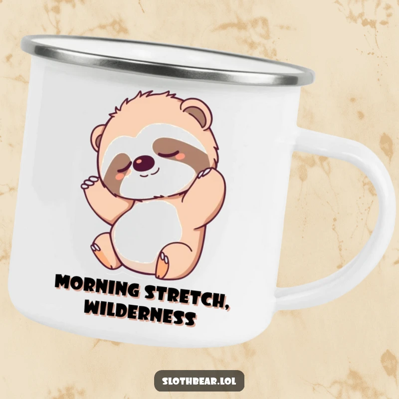 Funny Camping Mug featuring a sloth bear character stretching after a nap, perfect for relaxed outdoor enjoyment.