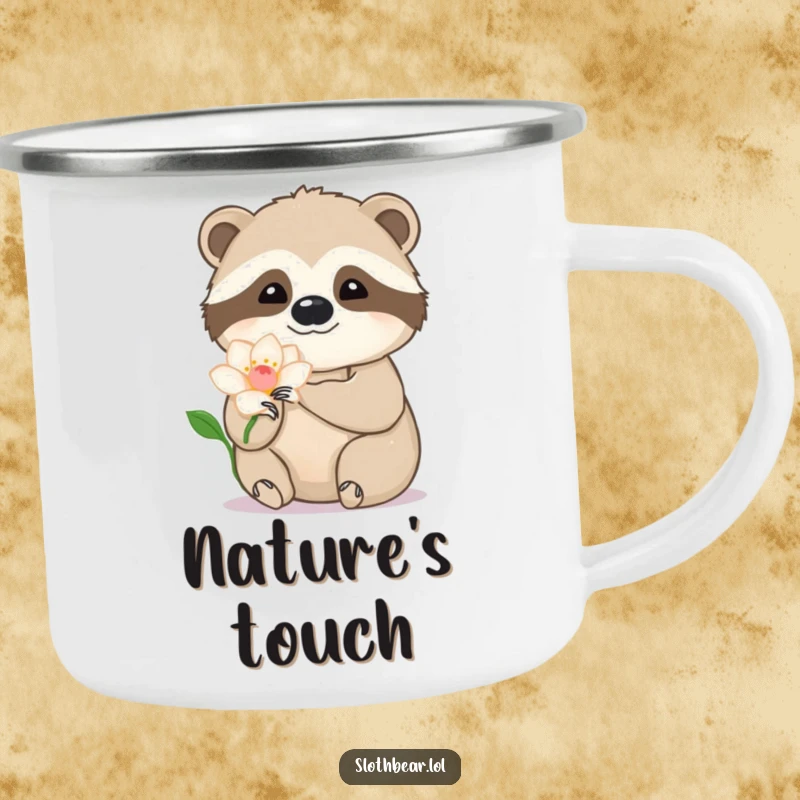 Funny sloth bear camping mug with a paw gently stroking a flower petal, blending outdoor serenity with humor.