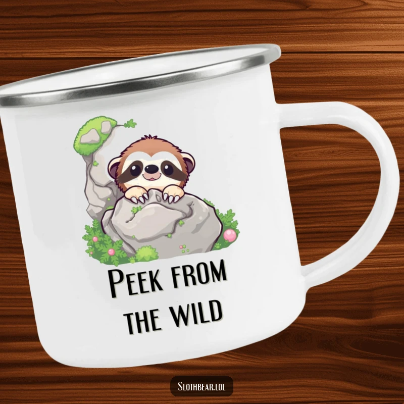 Funny sloth bear character peeking from behind a mossy rock, perfect for a funny enamel camping mug.