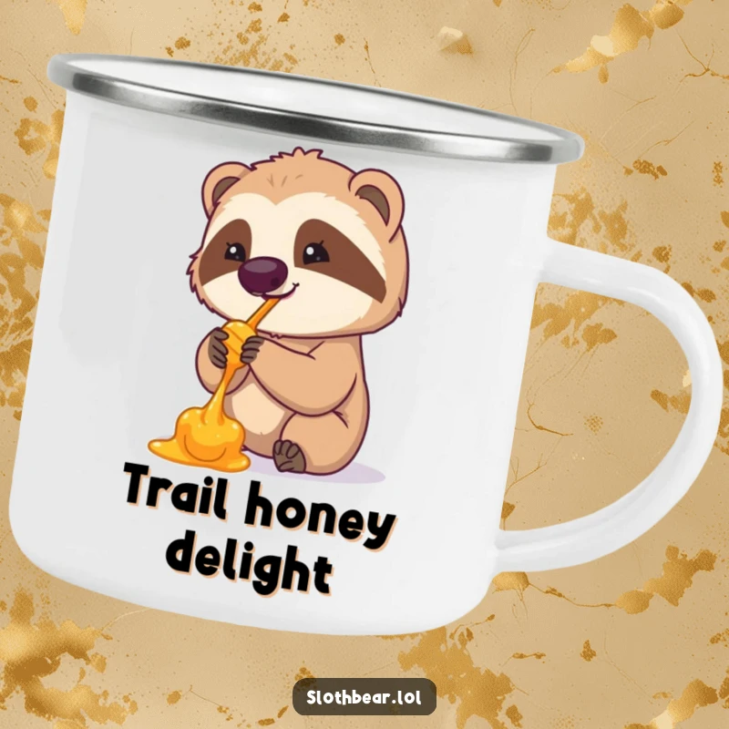 Funny enamel camping mug with a sloth bear enjoying honey from its paw. A rustic and humorous choice for outdoor enthusiasts.