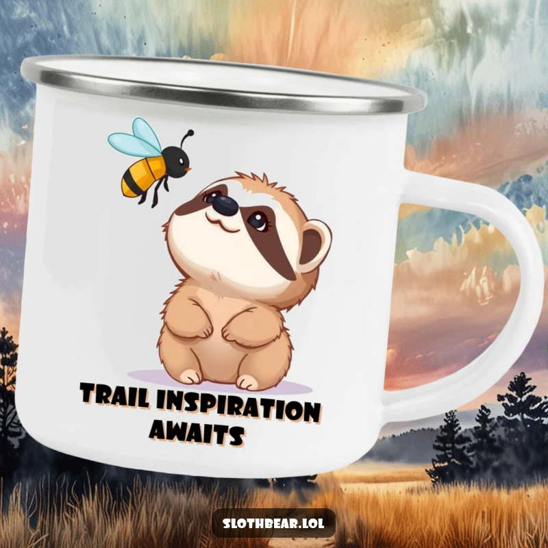 Funny camping mug featuring a small sloth bear character looking up with fascination at a buzzing bee, perfect for outdoor humor.