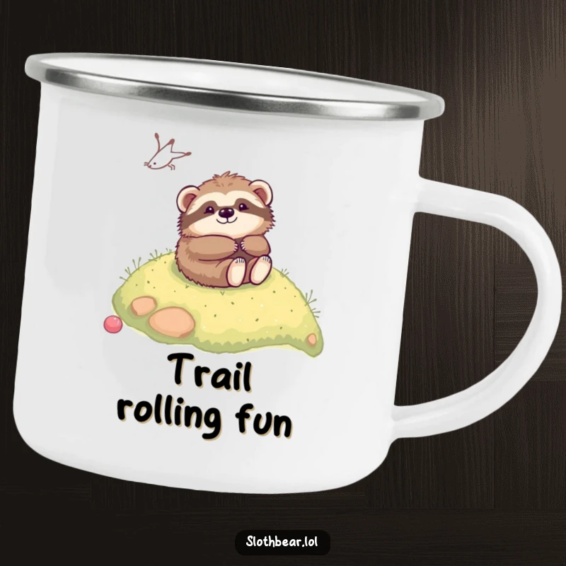 Funny kawaii sloth bear playfully rolling down a hill on a durable camping mug, perfect for adding cheer to outdoor trips.