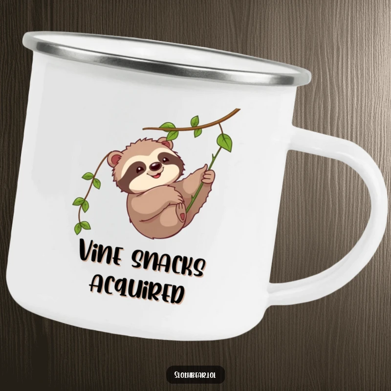 Funny camping mug: A cute sloth bear playfully swatting a dangling vine, ideal for outdoor fun and humor.