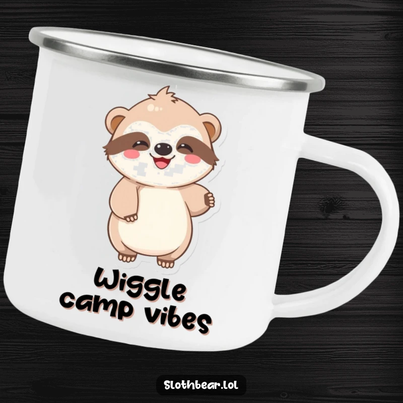 Funny Camping Mug with a kawaii sloth bear character doing a lazy, joyful wiggle, perfect for outdoor enjoyment and a relaxed vibe.
