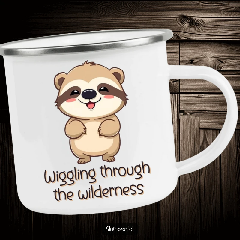 Funny camping mug featuring a sloth bear performing a comical wiggle, perfect for outdoor use with a humorous and energetic twist.