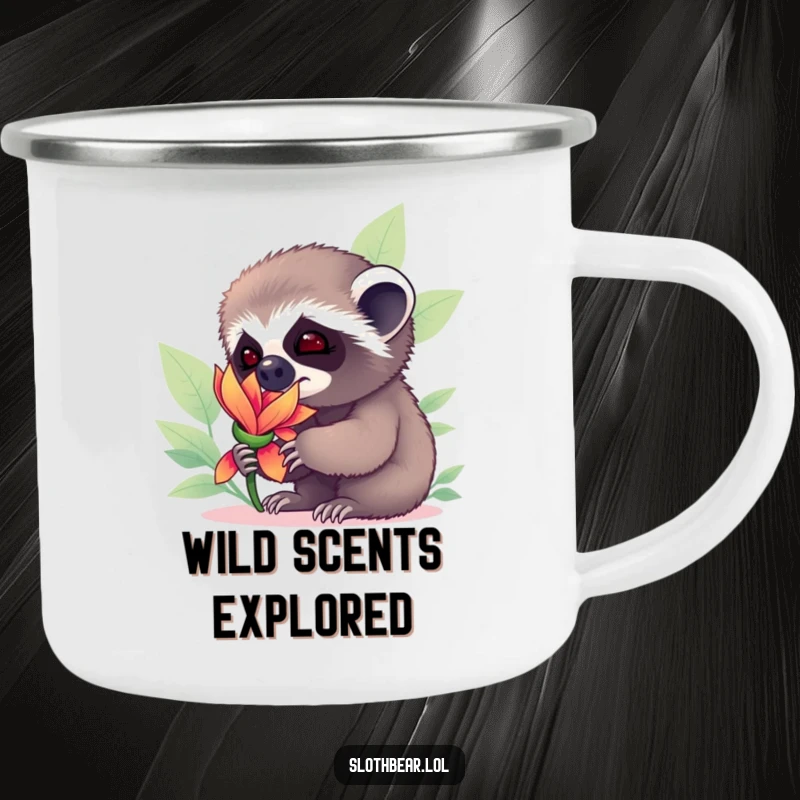Funny sloth bear cub sniffing a flower, ready for adventure on a durable and humorous camping mug.