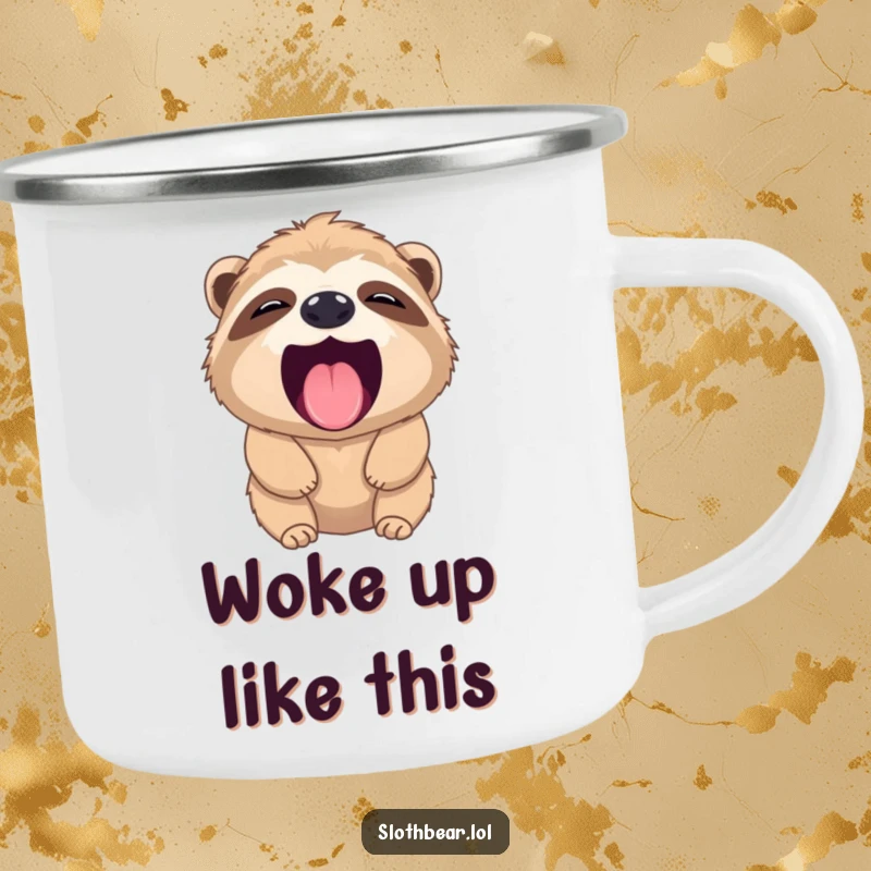 Funny sloth bear camping mug showing a bear yawning widely with its tiny pink tongue, bringing sleepy humor to outdoor trips.