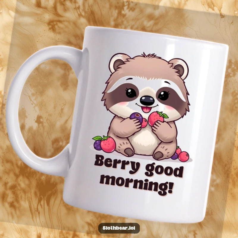 Funny kawaii sloth bear mug with a cute character happily munching on colorful digital berries, a delightful and humorous foodie illustration.