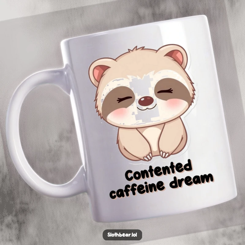 Funny Mug featuring a small sloth bear with a gentle, sleepy smile, radiating sweetness and calm.