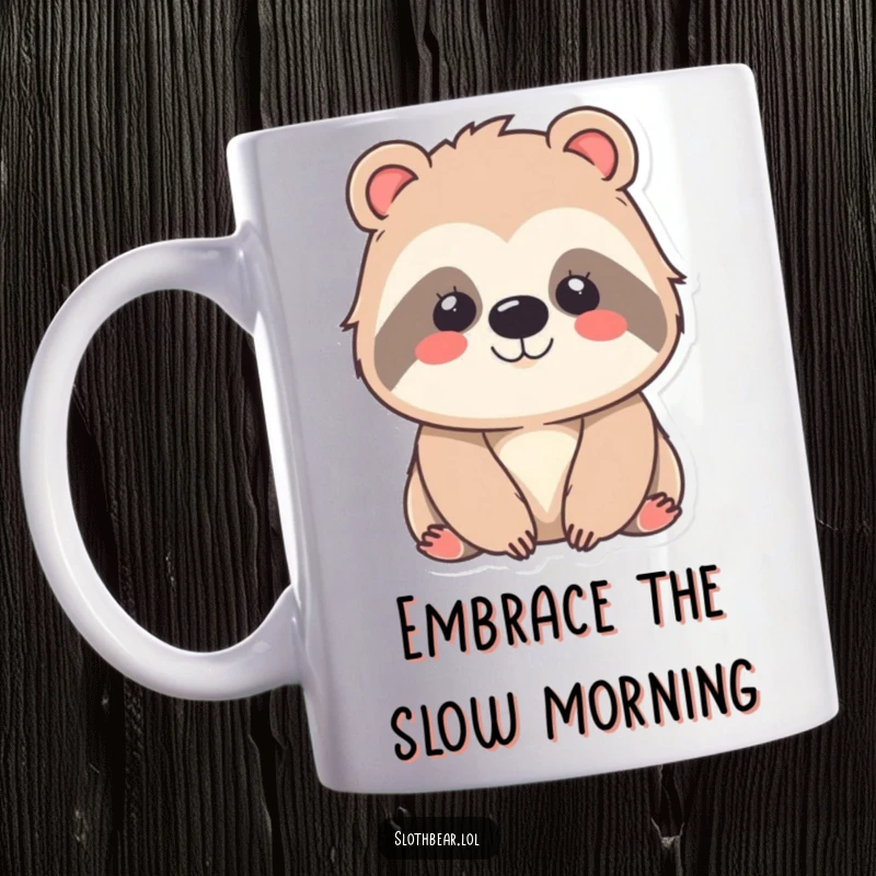 Funny kawaii sloth bear mug with a gentle, contented smile, radiating peaceful vibes and cuteness for lovers of sweet, adorable animals.