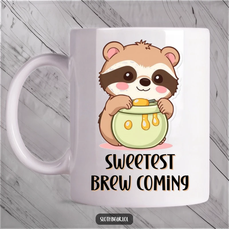 Funny Kawaii Sloth Bear Mug showing a cute bear reaching for honey, perfect for a sweet and funny gift for animal lovers.
