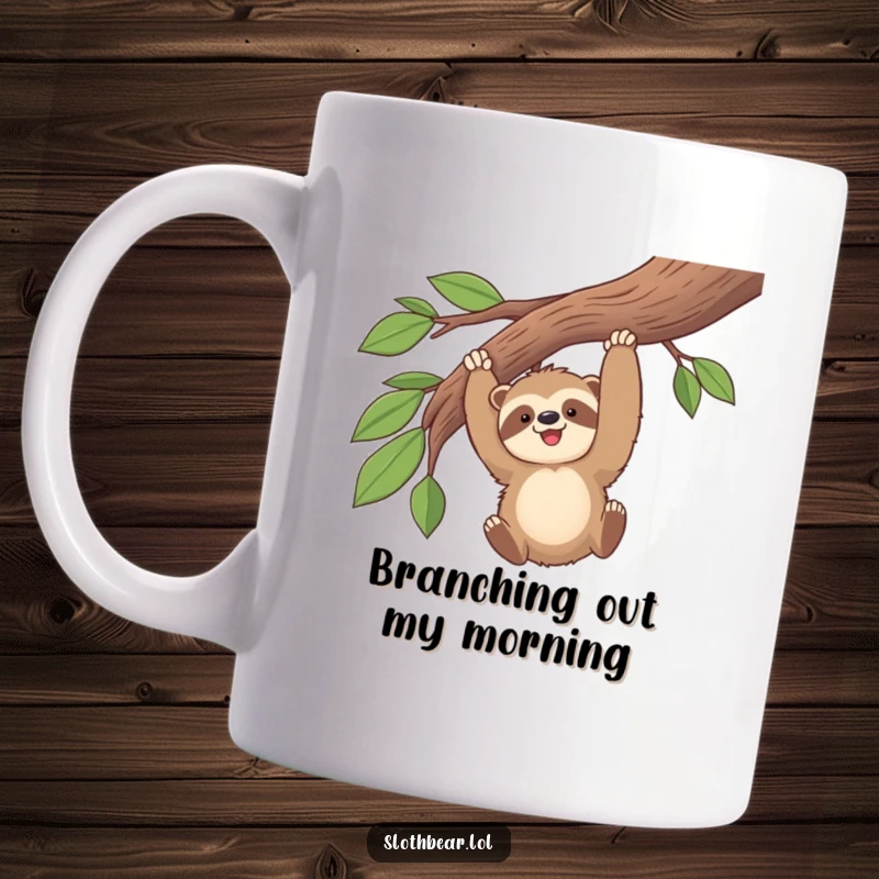 Funny kawaii sloth bear gleefully swinging from a leafy branch, captured on a delightful mug, embodying pure joy and adventure.