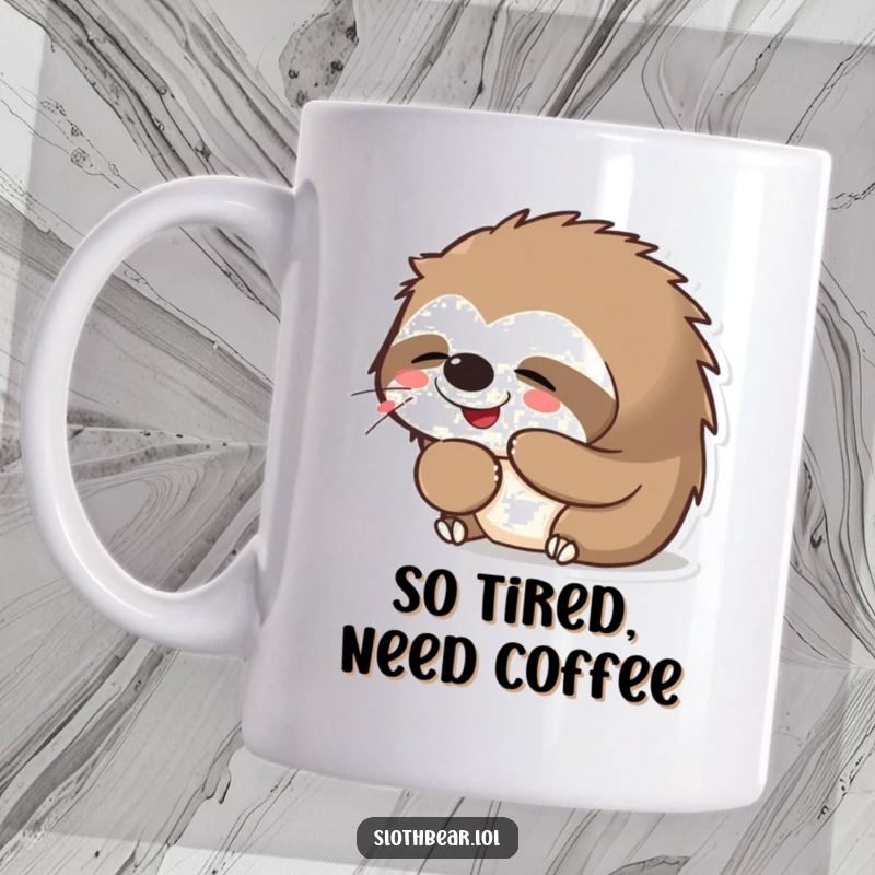 Funny Kawaii Sloth Bear Yawning Mug, a sleepy bear with a contented smile, perfect to illustrate a love for naps and slow mornings.