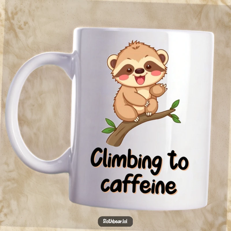 Funny sloth bear cub mug featuring an excited character clumsily climbing a sturdy branch, symbolizing playful determination.