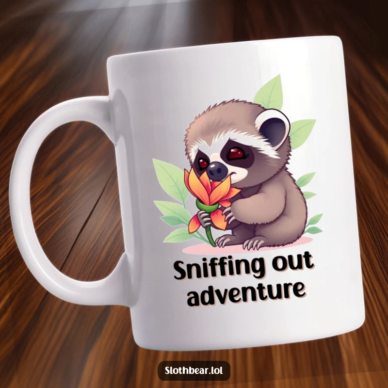 Funny sloth bear cub sniffing a vibrant, exotic flower with wide-eyed wonder and curiosity, depicted on a charming mug.