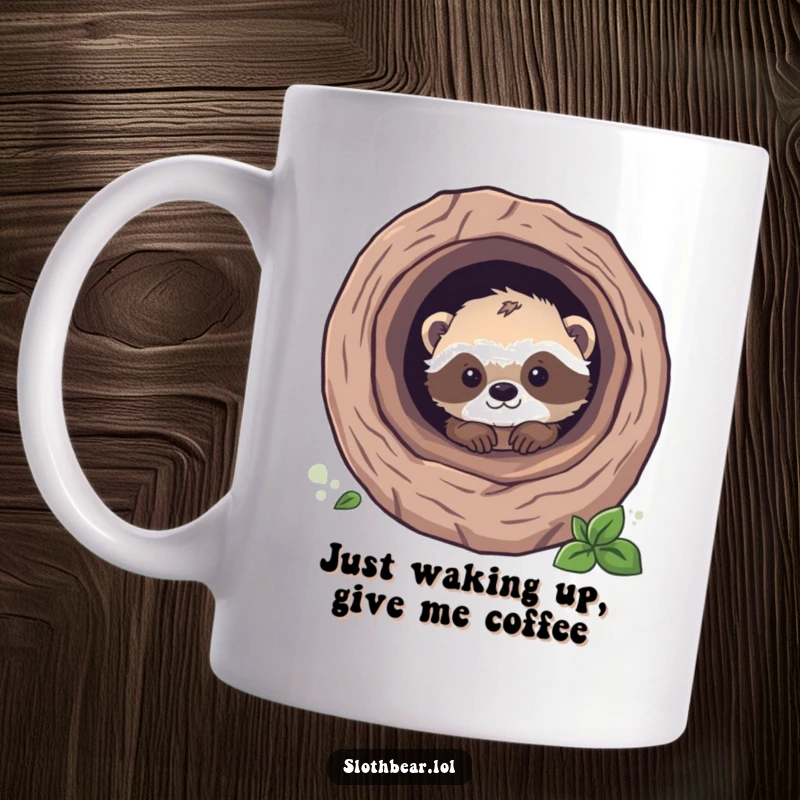 Funny sloth bear cub peeking playfully from a hollow tree log, showcasing its cute and curious nature on this mug.