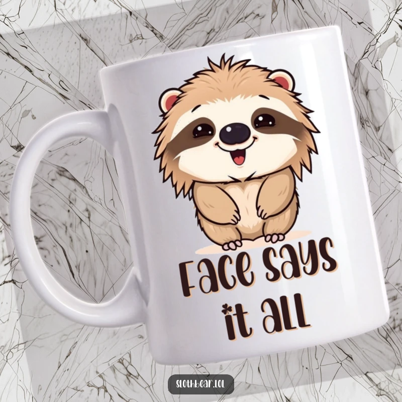 Funny mug depicting a sloth bear making a bizarre and comical face, radiating silliness and humor, perfect for a lighthearted start to the day.