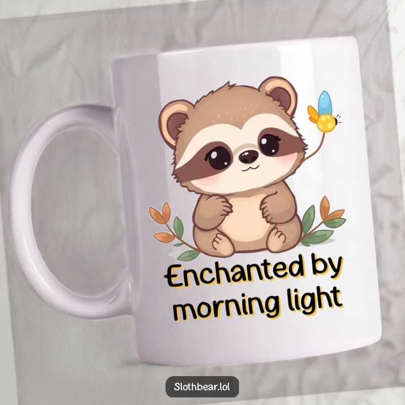 Funny sloth bear mug with curious eyes watching a firefly blink on, a magical and intriguing nature scene.