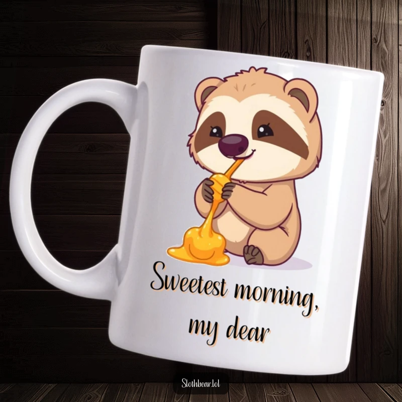 Funny mug with a sloth bear delicately licking honey from its paw, looking utterly content and adorable. A humorous gift for animal lovers.
