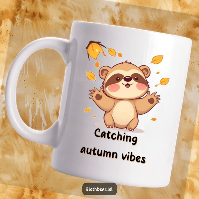 Funny sloth bear mug with a playful character trying to catch falling autumn leaves with wide, eager paws.