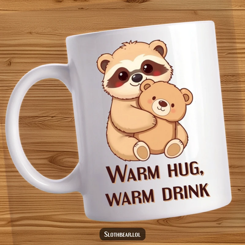 Funny Mug featuring a kawaii sloth bear character sharing a warm hug with a fuzzy teddy bear, radiating comfort and sweetness.
