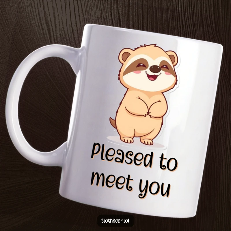 Funny sloth bear character standing happily on its hind legs, looking utterly delighted and pleased with itself, on a mug.