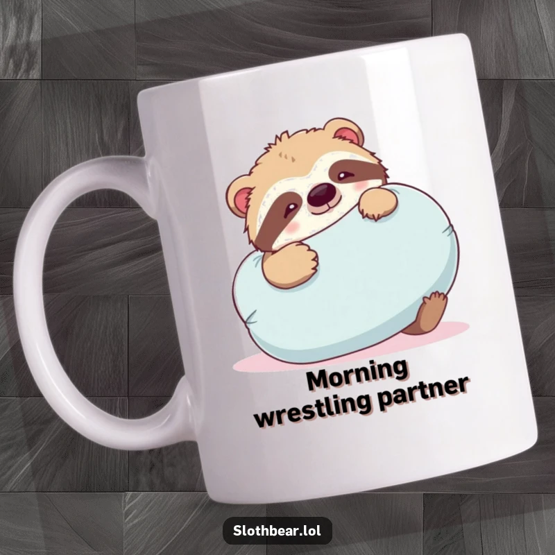 Funny sloth bear mug depicting a bear playfully wrestling with a large, soft pillow, energetic and humorous.