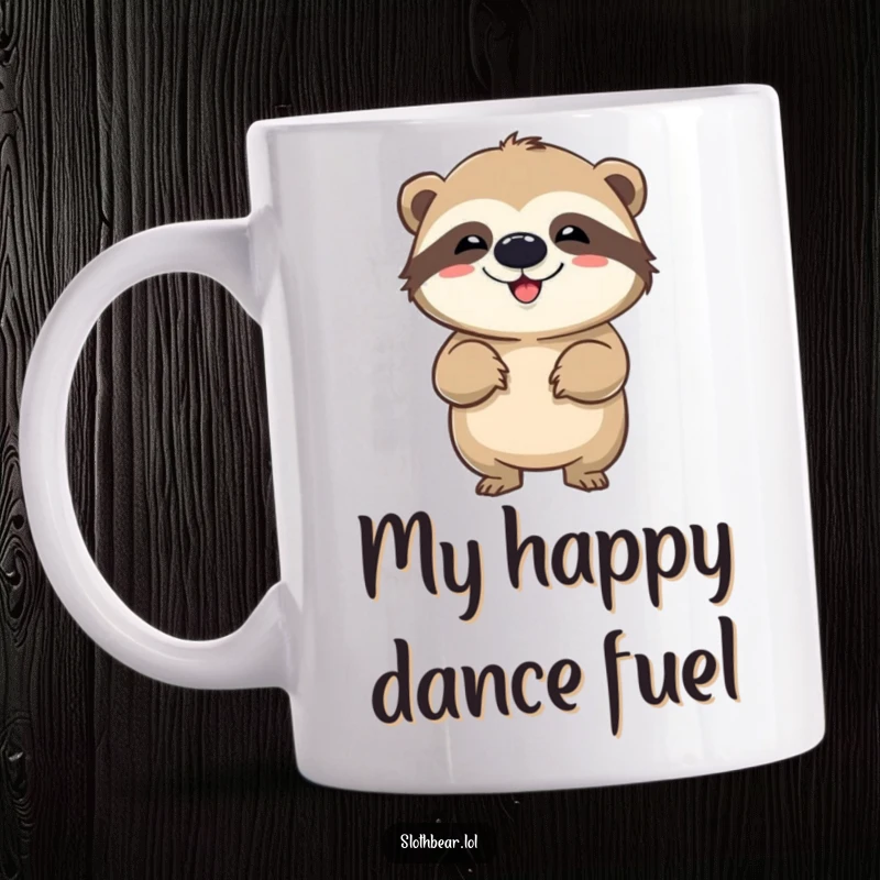 Funny mug depicting a sloth bear doing a comical wiggle dance, radiating joy and playful energy, perfect for a humorous start to the day.