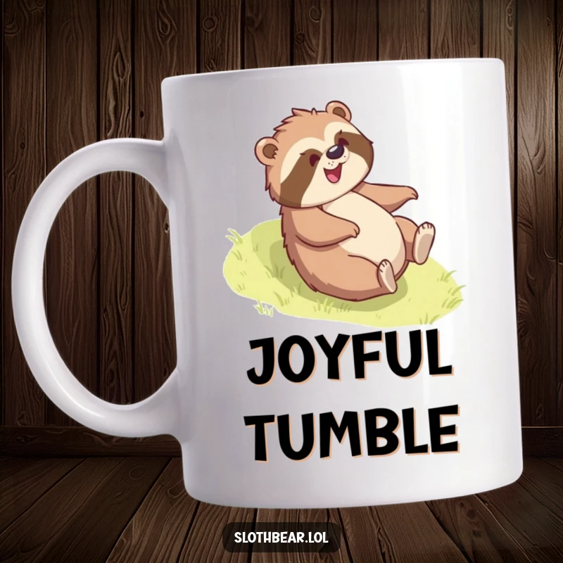 Funny sloth bear mug showing a bear joyfully rolling down a grassy slope, evoking pure happiness and carefree humor.