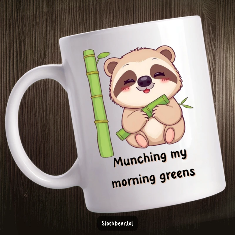 Funny sloth bear mug with a gentle smile, peacefully munching on a juicy bamboo stalk, a serene nature-themed gift.