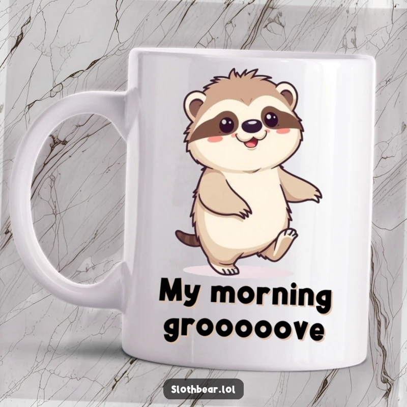 Funny Sloth Bear Mug depicting a character doing a slow, happy shuffle, radiating contentment and a relaxed vibe.