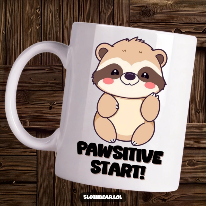 Funny kawaii sloth bear mug with a cute character offering a gentle paw tap, conveying warmth and humor.