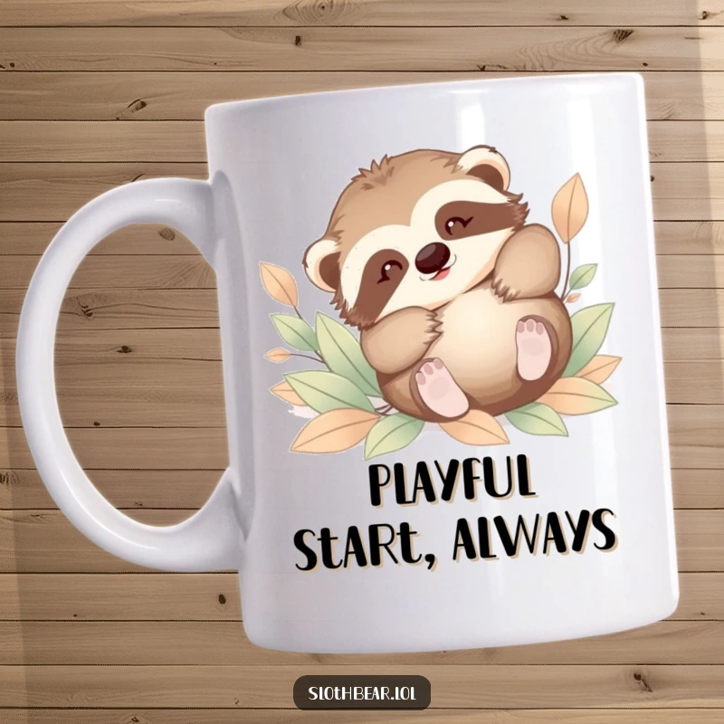 Funny mug featuring a baby sloth bear tumbling playfully amongst soft green leaves. A heartwarming and humorous design.