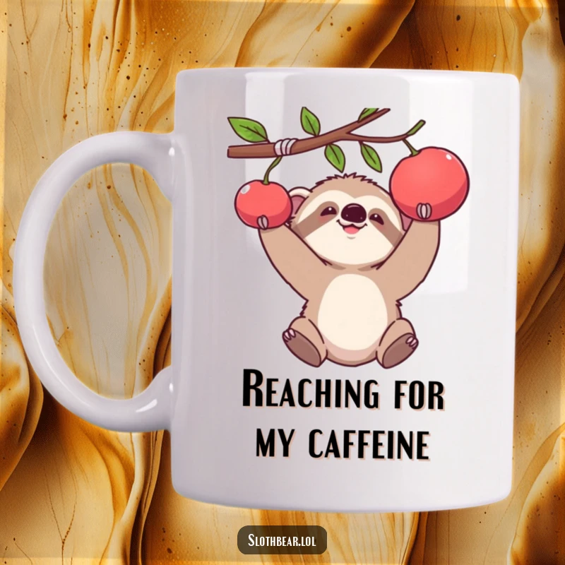 Funny mug featuring a baby sloth bear cub with a funny expression, comically reaching for a piece of fruit.