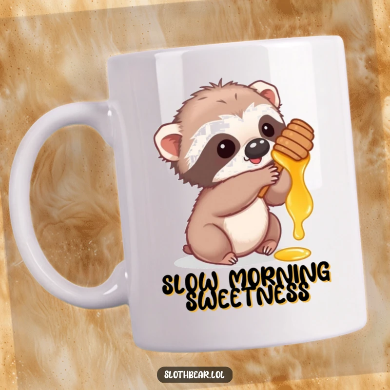 Funny mug showing a cute sloth bear cub playfully reaching for dripping honey from a comb, depicting sweetness.