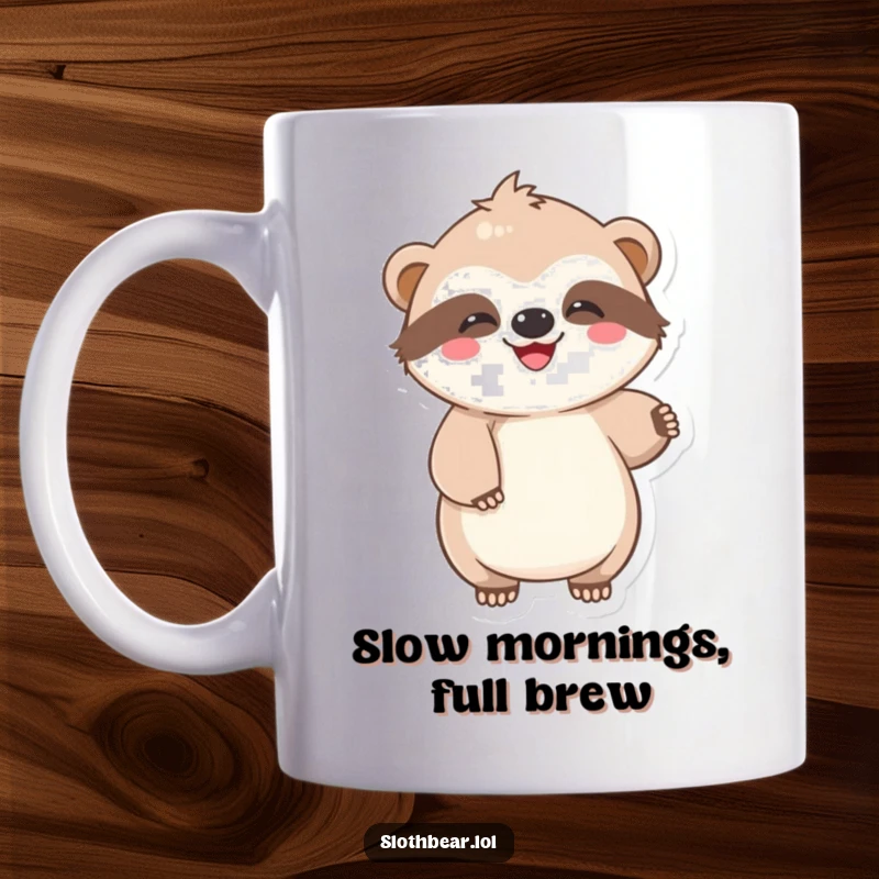 Funny Mug featuring a kawaii sloth bear character doing a lazy, joyful wiggle with pure happiness, celebrating carefree moments.