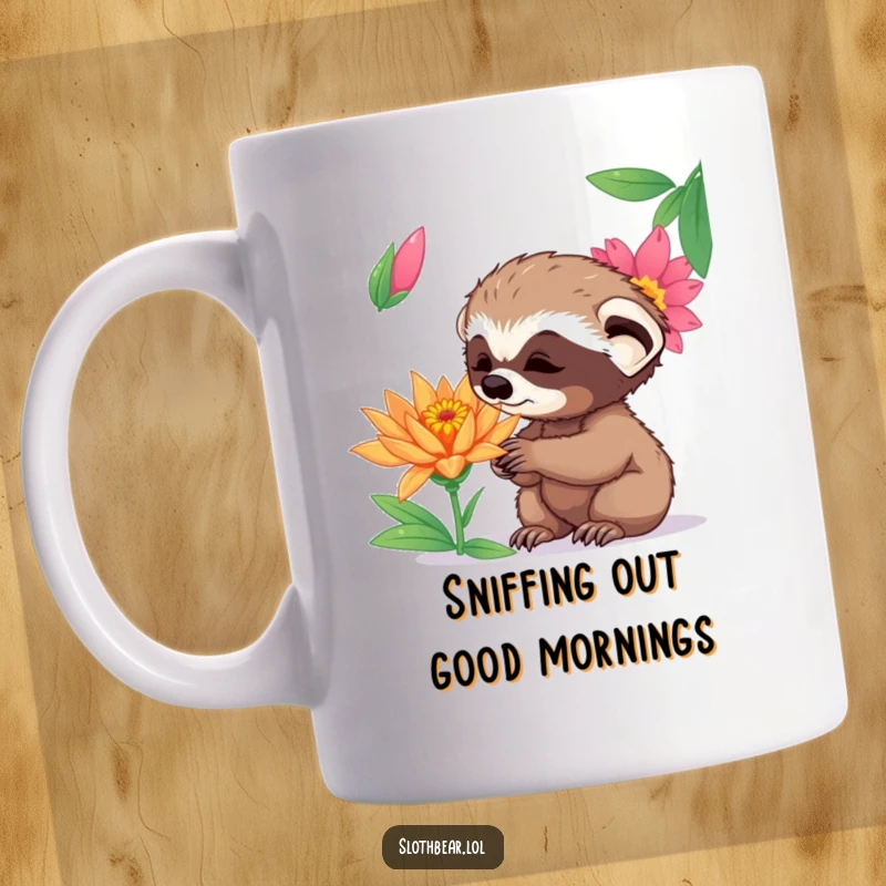 Funny curious sloth bear cub sniffing a vibrant exotic flower with wide-eyed wonder, depicted on a mug.