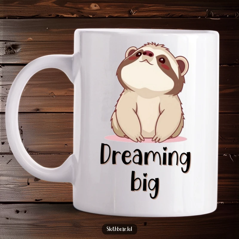 Funny sloth bear mug showing a bear looking up at the sky with wide, wondrous eyes, evoking curiosity and humor.