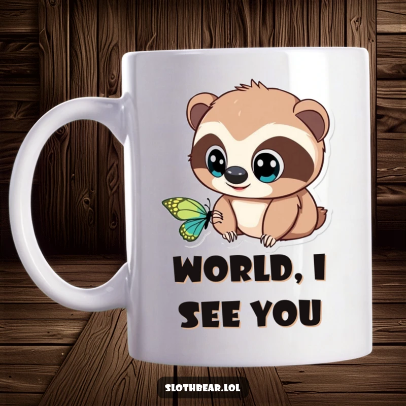 Funny Mug: A sloth bear with big, round eyes is mesmerized by a delicate butterfly fluttering nearby, showcasing gentle curiosity.