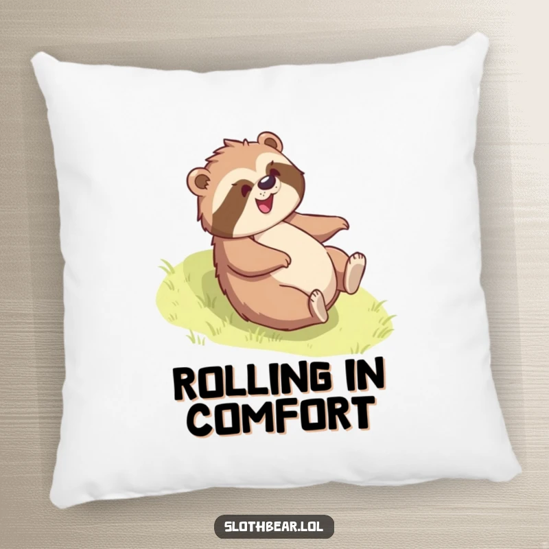 Funny sloth bear pillow showing a bear gleefully rolling down a grassy slope, offering comfort and radiating playful humor.