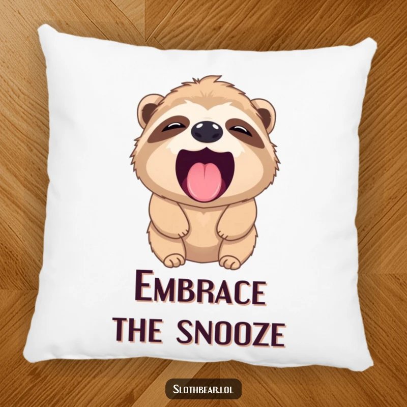 Funny sloth bear pillow showcasing a wide yawn and tiny pink tongue, offering comfort and humorous decor for any room.