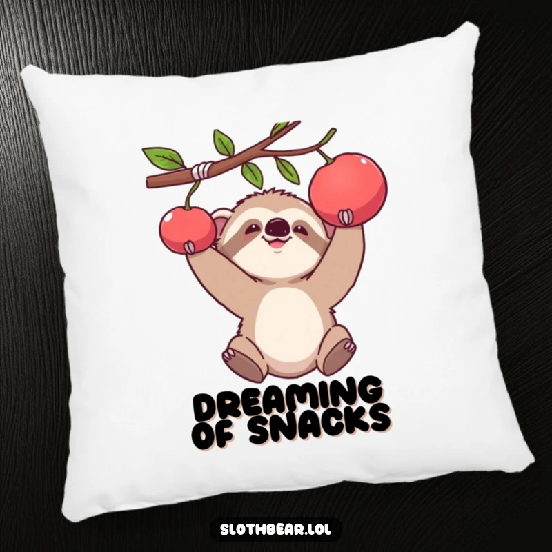 Funny plush pillow with a baby sloth bear cub reaching for fruit, providing comfort and a dose of humor.