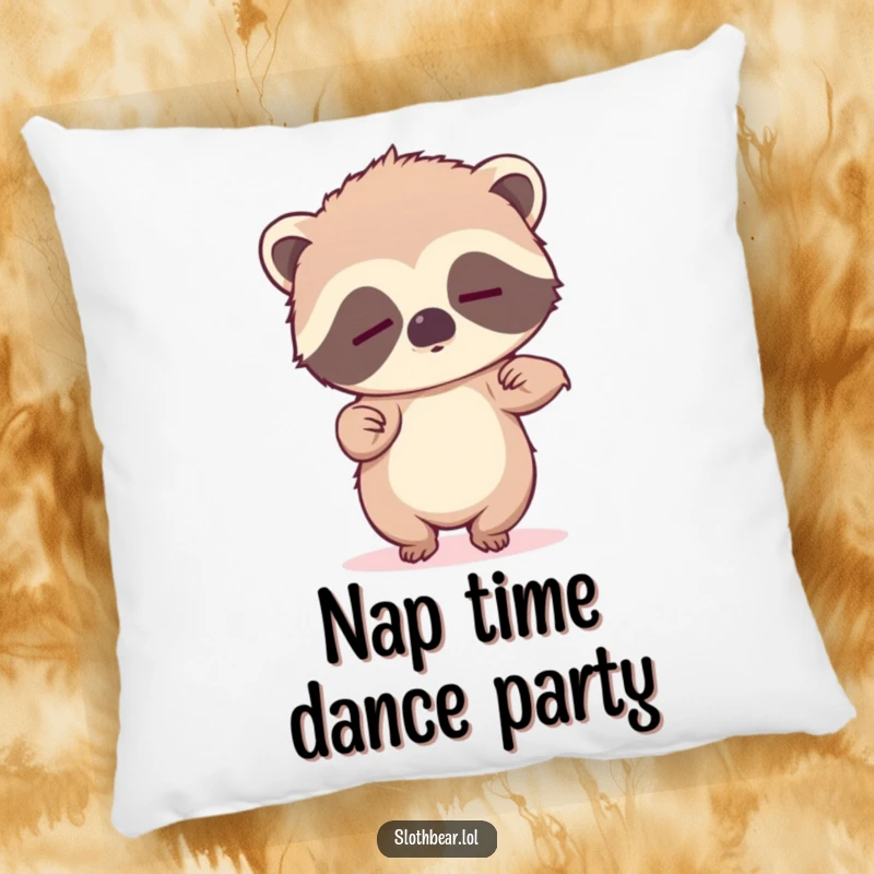 Funny plush pillow with a sleepy sloth bear cub trying to dance, providing comfort and a dose of humor.