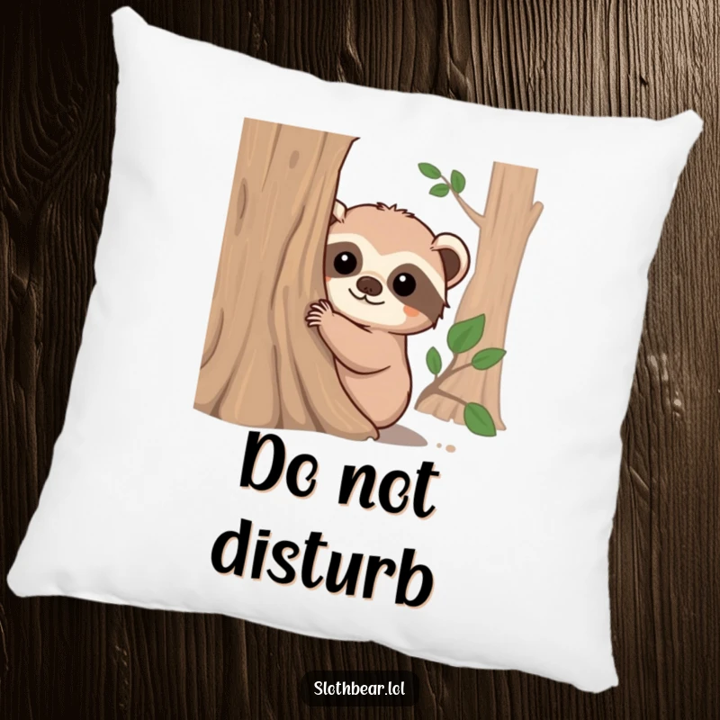 Funny pillow with a fuzzy-eared sloth bear peeking around a tree trunk, offering soft, huggable comfort and endearing humor.