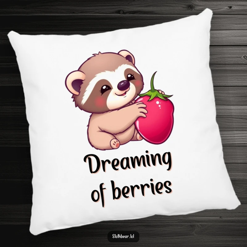 Funny pillow decor: A kawaii sloth bear character happily reaching for a berry, perfect for a sweet and cozy atmosphere.