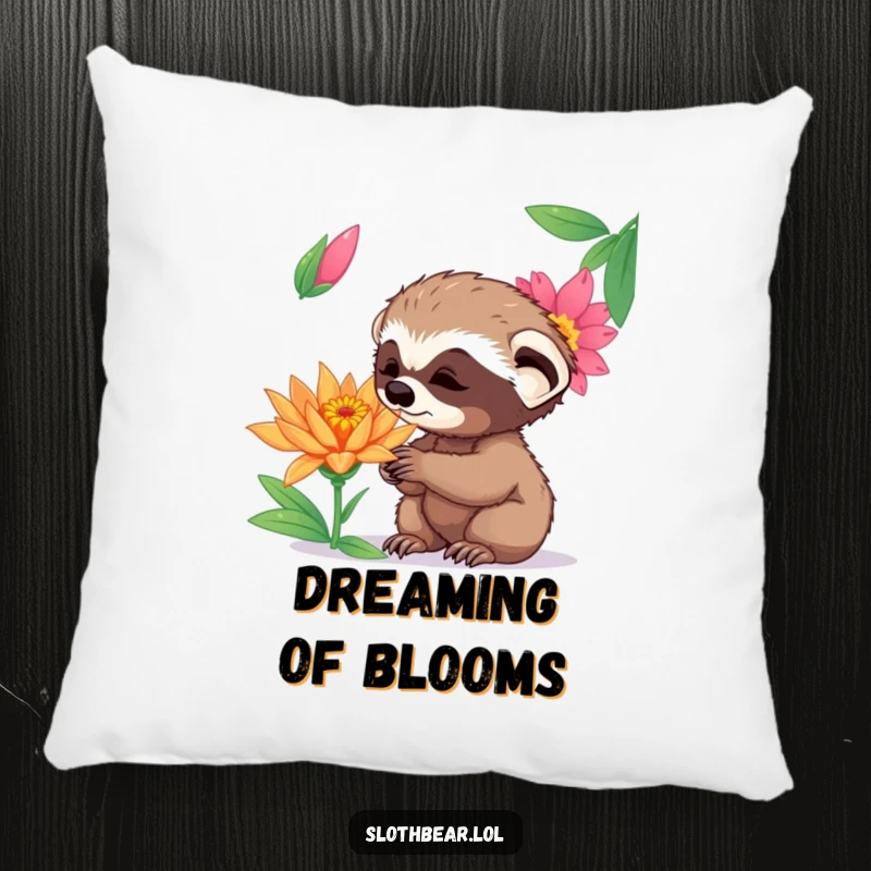 Funny curious sloth bear cub sniffing a vibrant exotic flower, printed on a soft and decorative pillow.