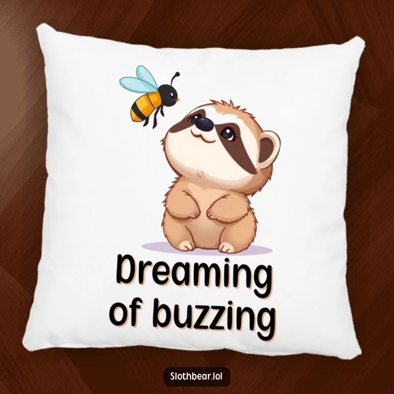 Funny pillow with a small sloth bear character looking up with fascination at a buzzing bee, offering a comfortable and humorous wildlife accent.