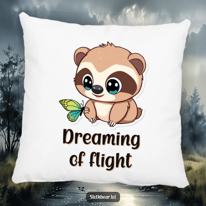 Funny Pillow: A charming sloth bear with big, round eyes is looking with wonder at a captivating butterfly, perfect for decor.