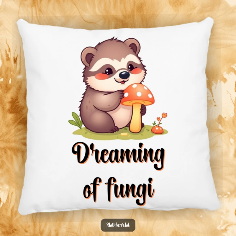 Funny kawaii sloth bear curiously poking a bright mushroom, depicted on a soft, decorative pillow for cozy exploration.